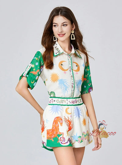 Printed Beaded Shirt+Shorts Two-piece Suit