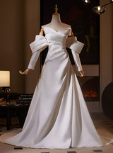 White Satin Long Sleeve Pleats Wedding Dress