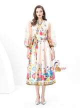 Vintage V-neck Gauze Lantern Sleeve Printed Dress