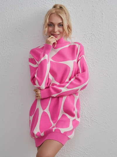 Contrast Long Sleeve Knitted Sweater Dress