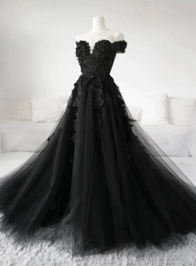 Black Tulle Off the Shoulder Appliques Prom Dress