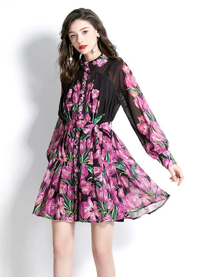 Retro Short Long Sleeve Printed Dress
