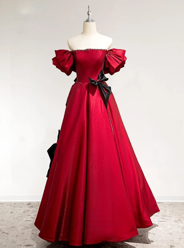 Burgundy Beading Bow Prom Dress