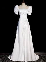 White Satin Short Sleeve Pleats Wedding Dress