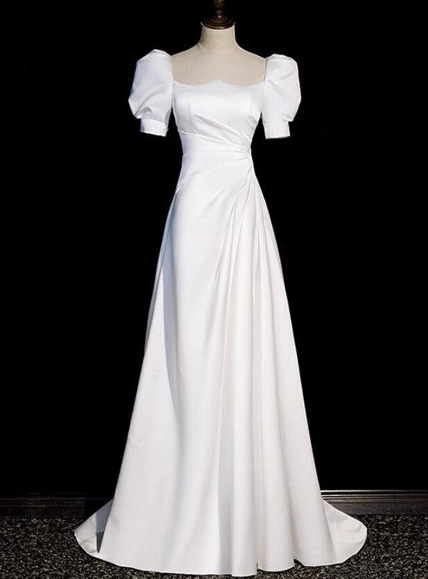 White Satin Short Sleeve Pleats Wedding Dress