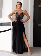 Contrast Lace Slit Slim Long Dress