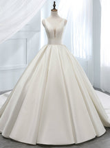 White Satin V-neck Backless Wedding Dress