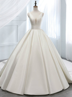 White Satin V-neck Backless Wedding Dress