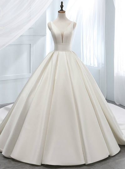 White Satin V-neck Backless Wedding Dress