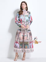 Palace Lantern Sleeve Button Slim Chiffon Printed Dress