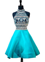 Blue Satin High Neck Beading Homecoming Dress