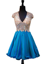 Blue V-neck Beaded Crystals Homecoming Dress