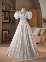 White Satin Lace Puff Sleeve Wedding Dress