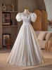 White Satin Lace Puff Sleeve Wedding Dress