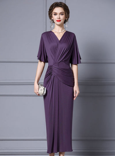Purple V-neck Pleats Mother Of The Bride Dress