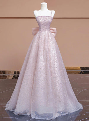 Pink Sequins Spaghetti Straps Prom Dress With Bow