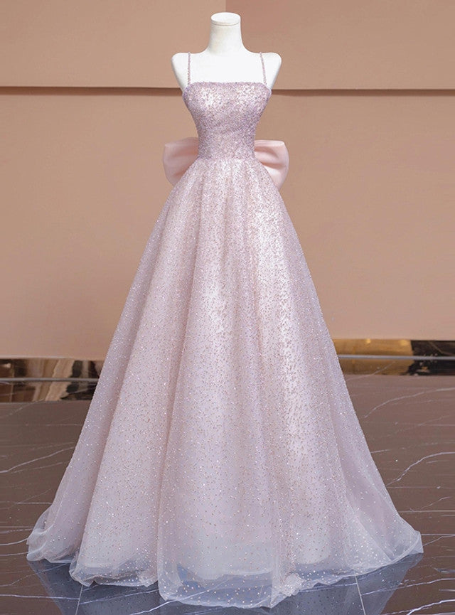 Pink Sequins Spaghetti Straps Prom Dress With Bow