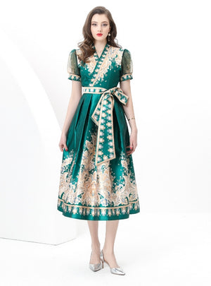 Short-sleeved V-neck Slim Printed Dress