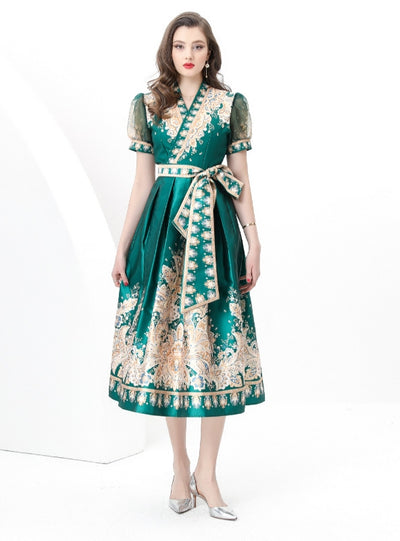 Short-sleeved V-neck Slim Printed Dress