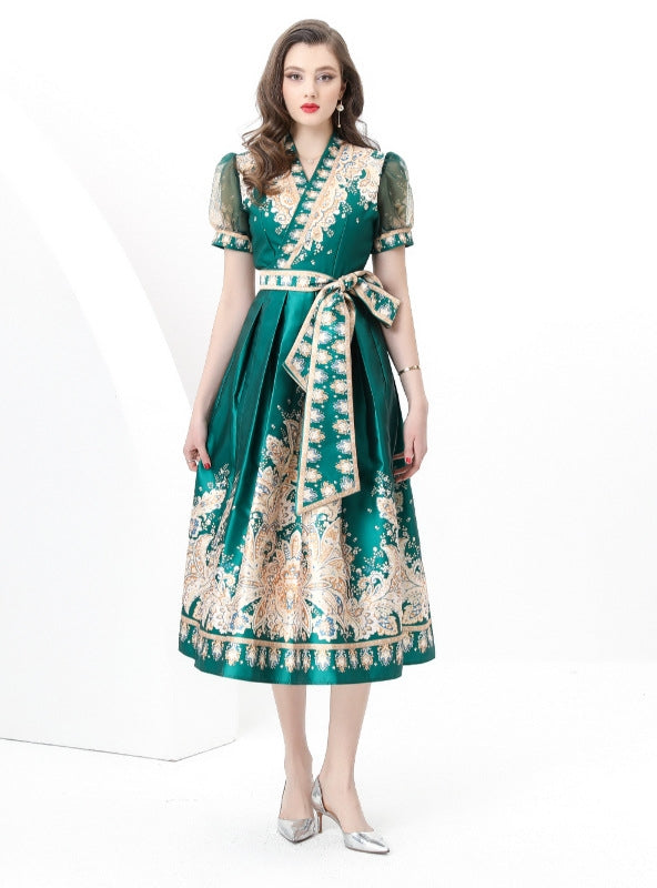 Short-sleeved V-neck Slim Printed Dress