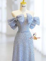 Blue Sequins Strapless Bow Pearls Prom Dress