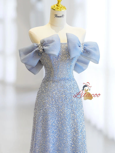 Blue Sequins Strapless Bow Pearls Prom Dress