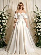 Ivory Satin Puff Sleeve Wedding Dress