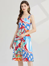 Printed Suspender Slim High Waist A-line Dress