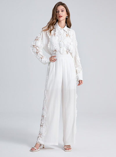 Lapel Stitching Lace Shirt+Wide Leg Pant Suit