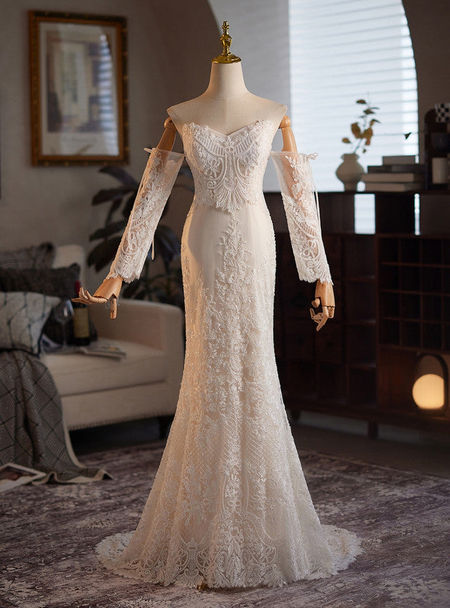 Ivory White Mermaid Appliques Long Sleeve Wedding Dress