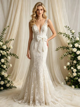 Beige White Mermaid Tulle Lace V-neck Wedding Dress