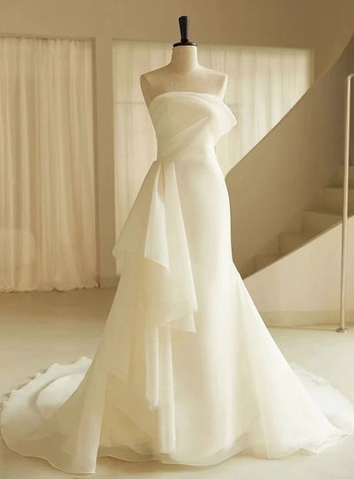 White Mermaid Strapless Pleats Wedding Dress