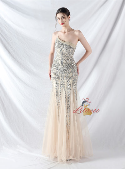 Mermaid Sequins One Shoulder Beading Prom Dress