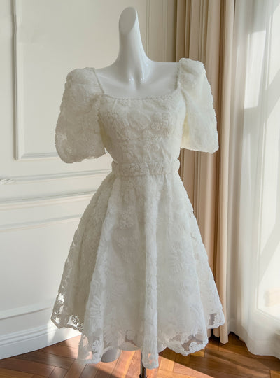 White Bubble Sleeve Short Dress