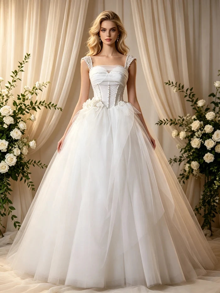 Beige White Tulle Straps Pleats Beading Wedding Dress