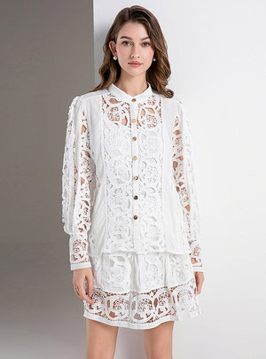 Retro Lace Long Sleeve Slim Short Skirt Two-piece Set