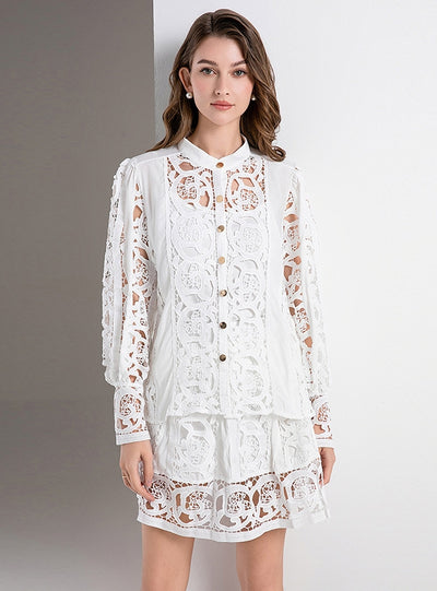 Retro Lace Long Sleeve Slim Short Skirt Two-piece Set