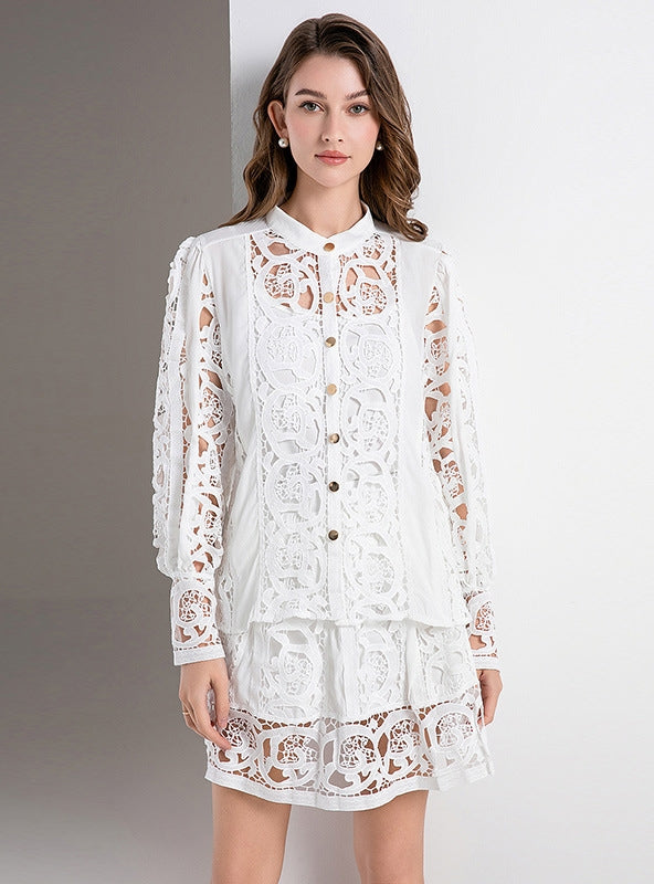 Retro Lace Long Sleeve Slim Short Skirt Two-piece Set