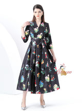 Vintage Printed V-neck Long Sleeves Dress