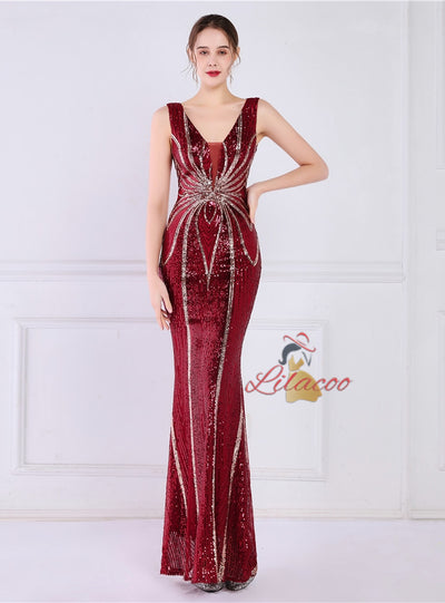 Mermaid Sequins V-neck Long Prom Dress