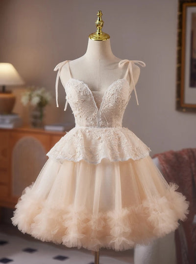 Champagne Tulle Lace Spaghetti Straps Homecoming Dress