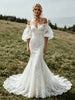 White Mermaid Lace Puff Sleeve Wedding Dress