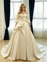 Ivory Satin Short Sleeve Pleats Flower Wedding Dress