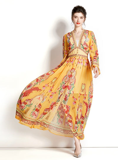 Long-sleeved V-neck Printed Dress