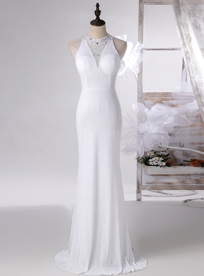 White Mermaid Sequins Beading Prom Dress