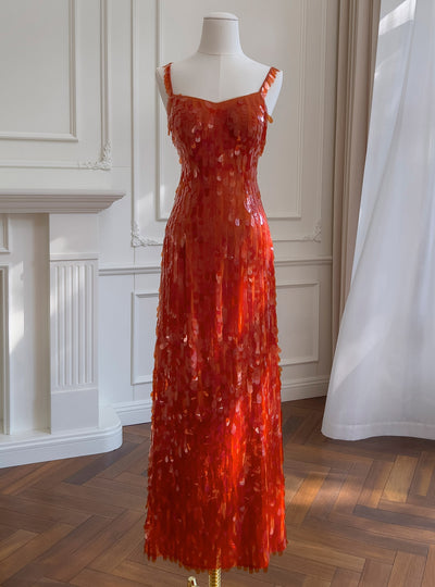 Orange Sequins Straps Long Prom Dress