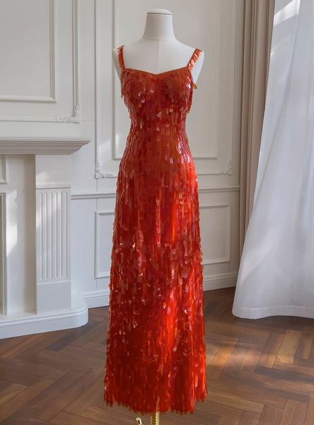 Orange Sequins Straps Long Prom Dress