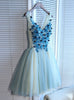 Blue Tulle V-neck Appliques Homecoming Dress