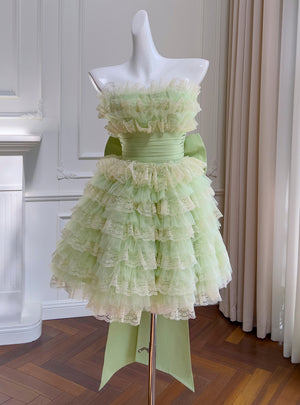 Green Tulle Lace Straps Tiers Short Prom Dress