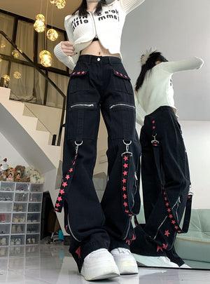 Contrasting Color Ribbon Metal Decorative Splicing Pants